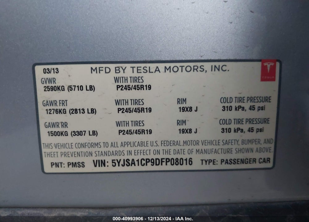 2013 TESLA MODEL S PERFORMANCE VIN: 5YJSA1CP9DFP08016