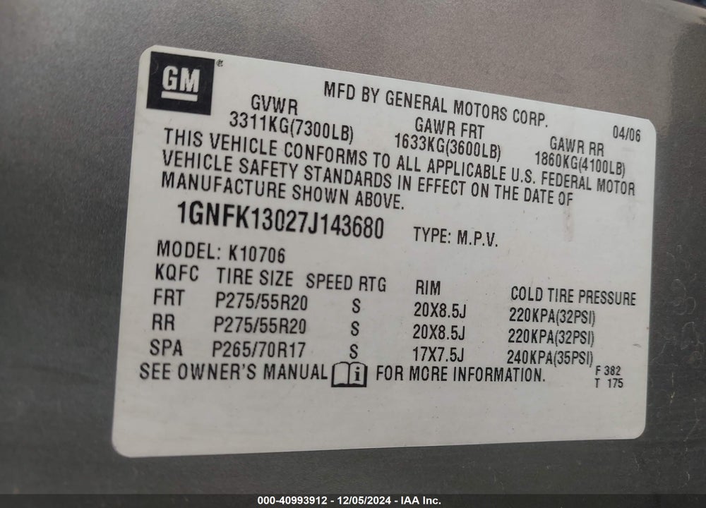 2007 CHEVROLET TAHOE LTZ VIN: 1GNFK13027J143680
