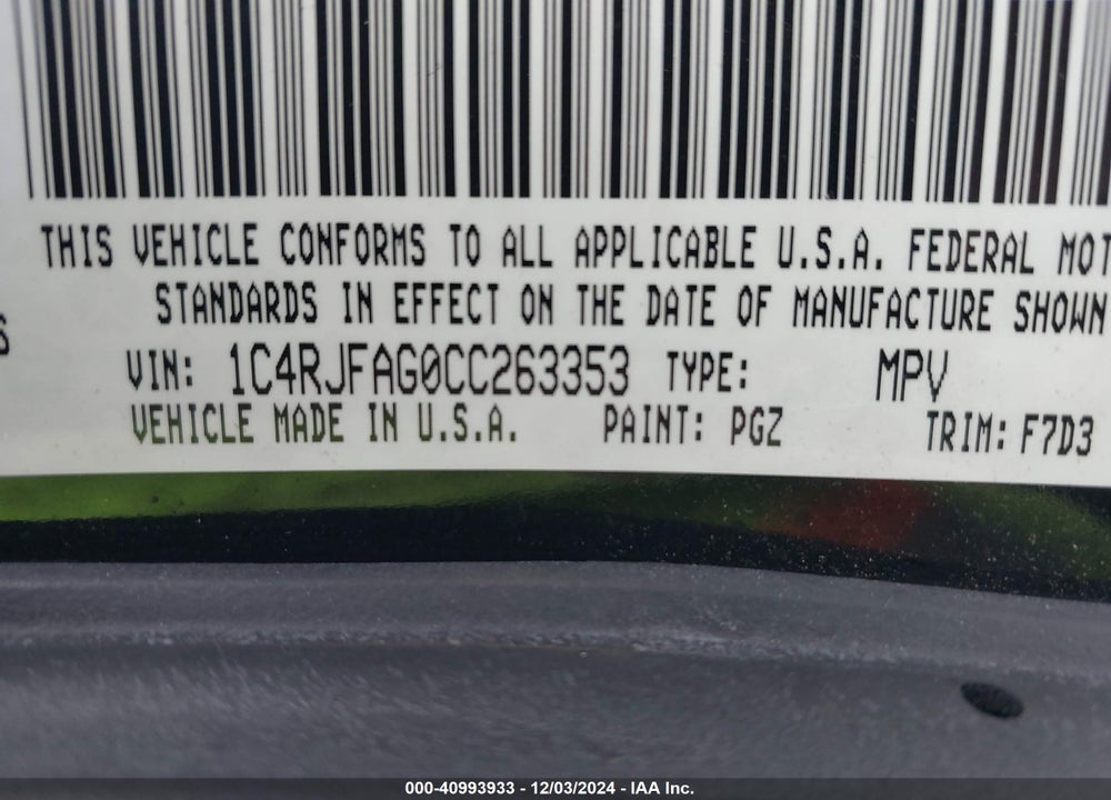 2012 JEEP GRAND CHEROKEE LAREDO VIN: 1C4RJFAG0CC263353