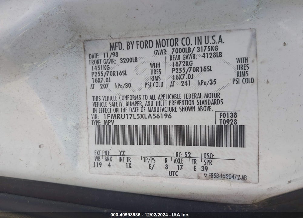 1999 FORD EXPEDITION EDDIE BAUER/XLT VIN: 1FMRU17L5XLA56196