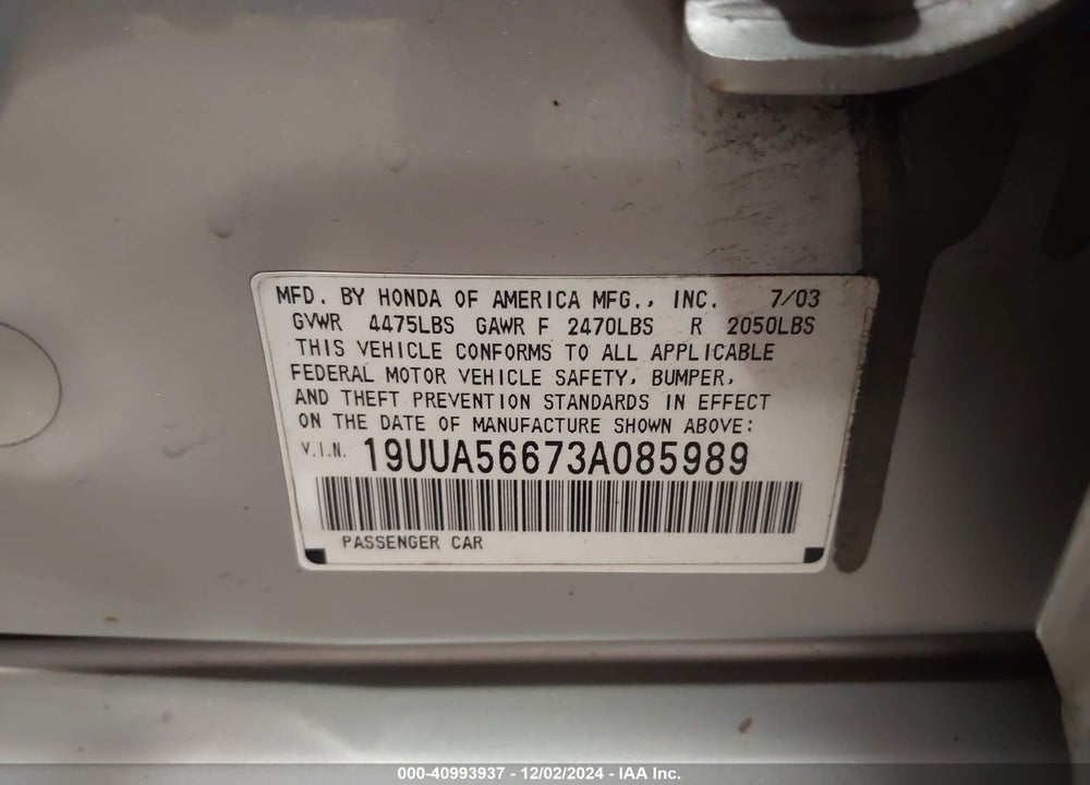 2003 ACURA TL 3.2 VIN: 19UUA56673A085989