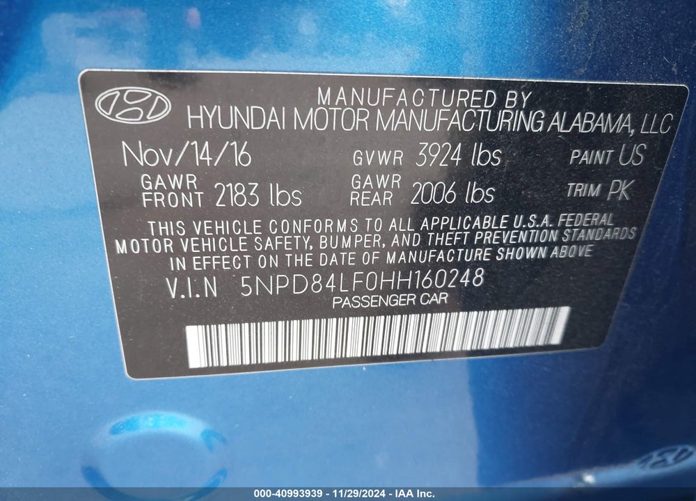 2017 HYUNDAI ELANTRA SE VIN: 5NPD84LF0HH160248