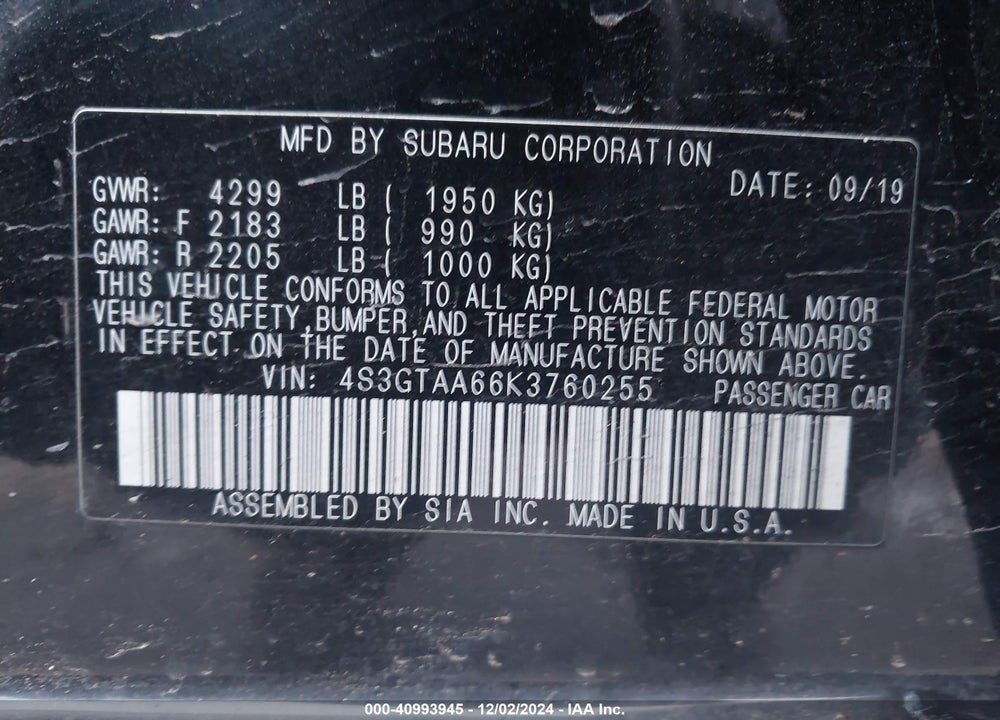 2019 SUBARU IMPREZA 2.0I VIN: 4S3GTAA66K3760255