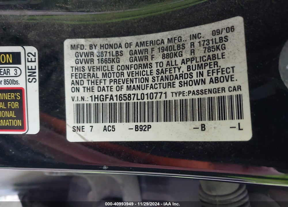 2007 HONDA CIVIC VIN: 1HGFA16587L010771
