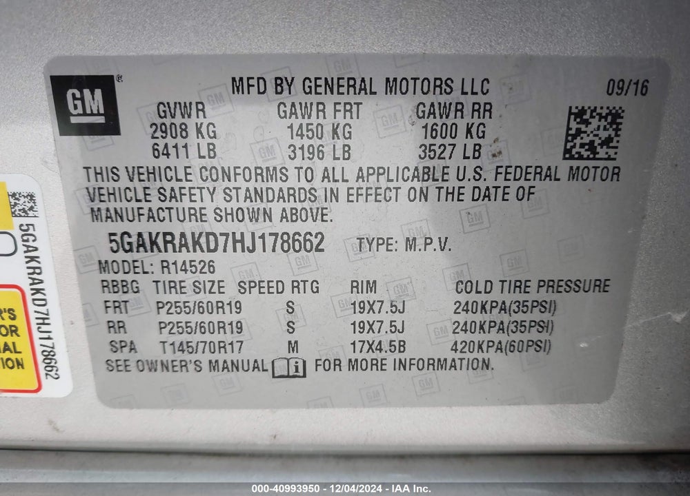 2017 BUICK ENCLAVE CONVENIENCE VIN: 5GAKRAKD7HJ178662