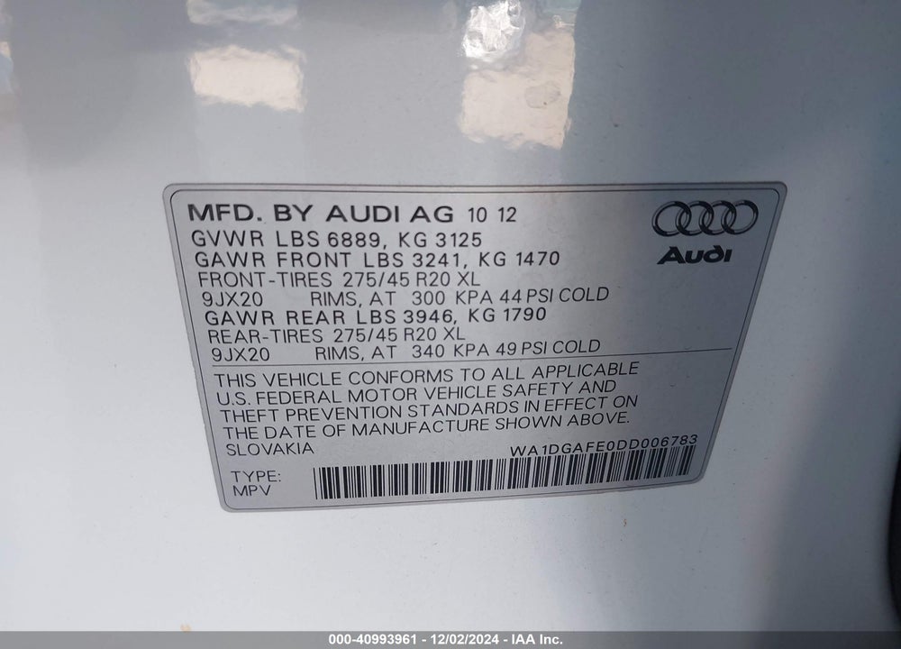 2013 AUDI Q7 3.0T S LINE PRESTIGE VIN: WA1DGAFE0DD006783