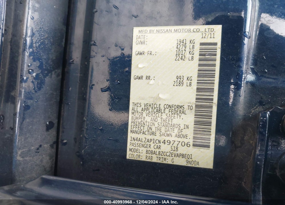 2012 NISSAN ALTIMA 2.5 S VIN: 1N4AL2AP1CN497706