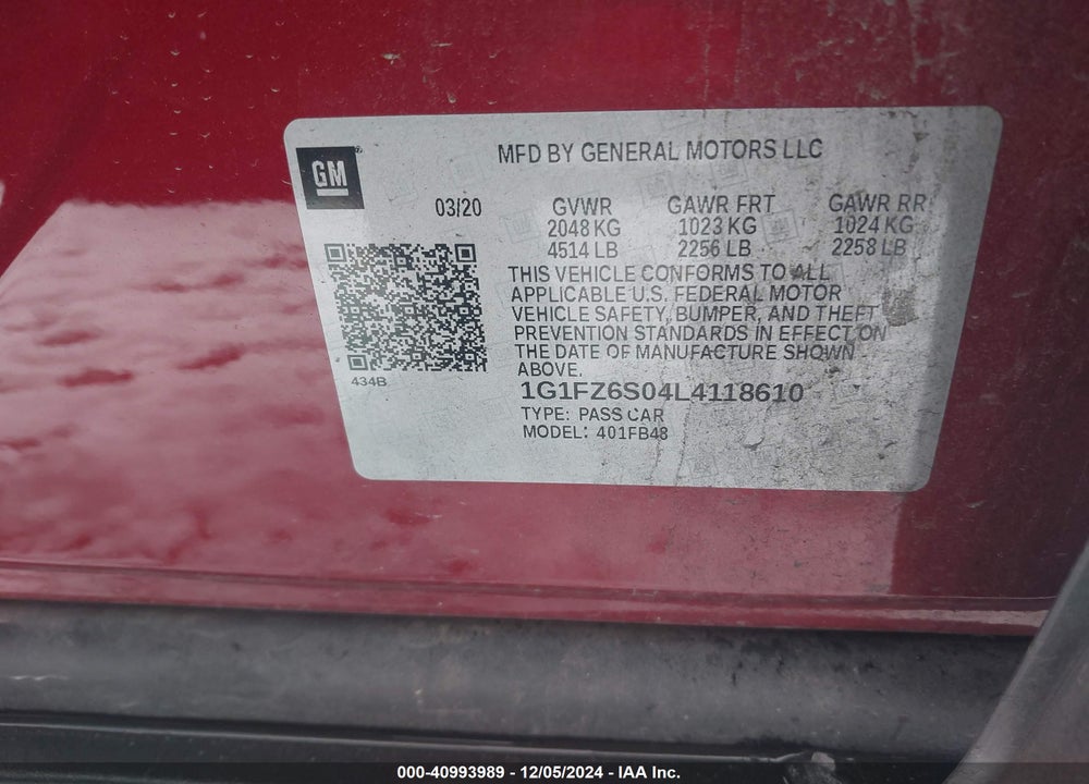 2020 CHEVROLET BOLT EV FWD PREMIER VIN: 1G1FZ6S04L4118610