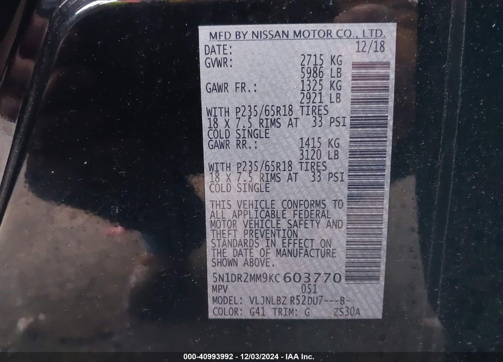 2019 NISSAN PATHFINDER S VIN: 5N1DR2MM9KC603770