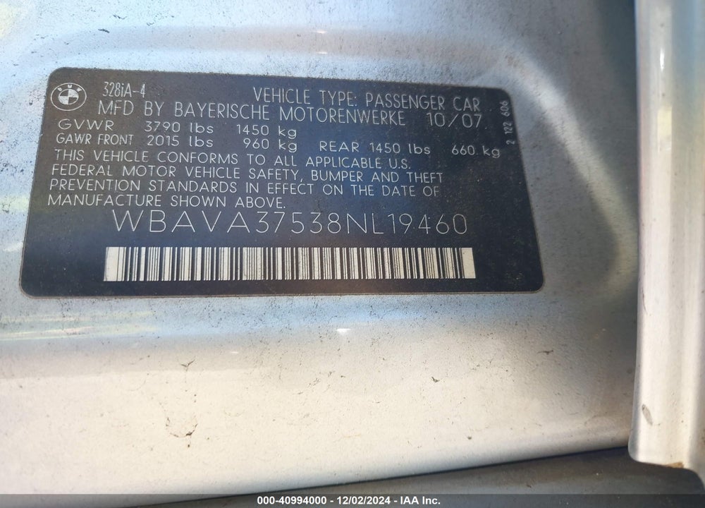 2008 BMW 328I VIN: WBAVA37538NL19460