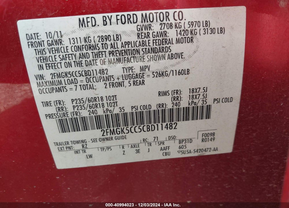 2012 FORD FLEX SEL VIN: 2FMGK5CC5CBD11482