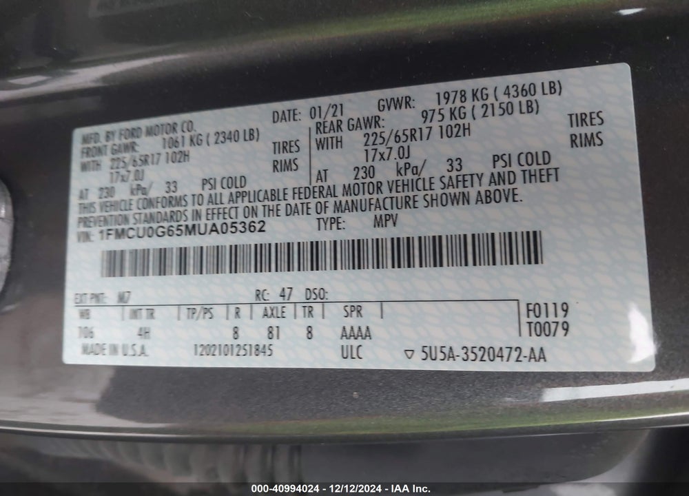 2021 FORD ESCAPE SE VIN: 1FMCU0G65MUA05362