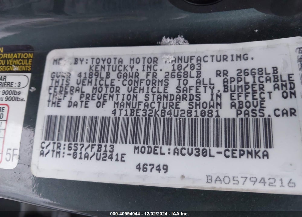 2004 TOYOTA CAMRY VIN: 4T1BE32K84U281081