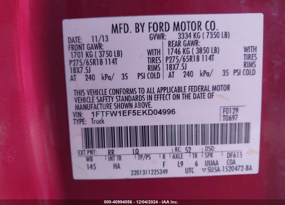 2014 FORD F-150 VIN: 1FTFW1EF5EKD04996