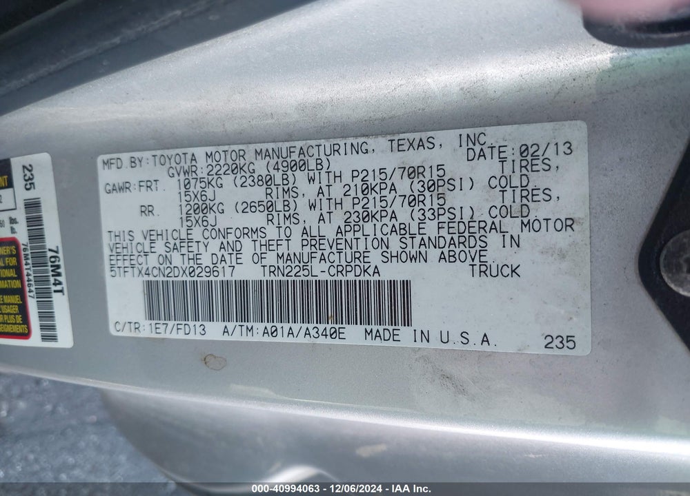 2013 TOYOTA TACOMA ACCESS CAB VIN: 5TFTX4CN2DX029617