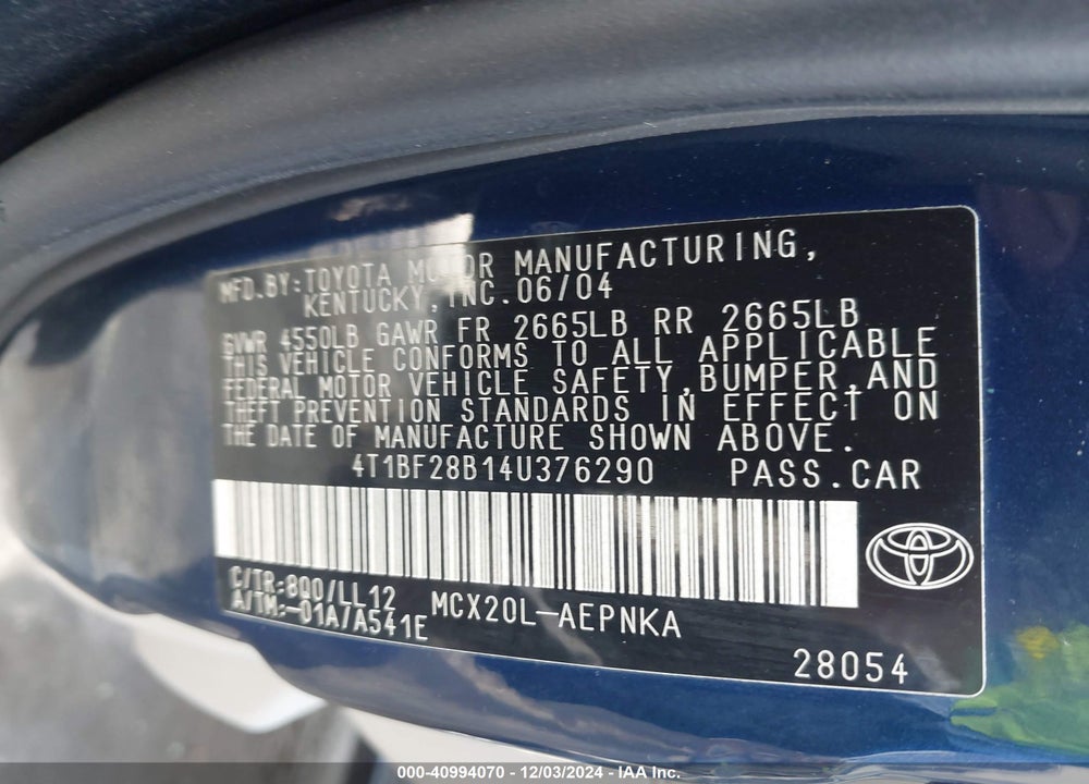 2004 TOYOTA AVALON XL VIN: 4T1BF28B14U376290