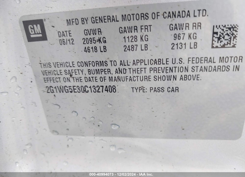 2012 CHEVROLET IMPALA LT VIN: 2G1WG5E30C1327408