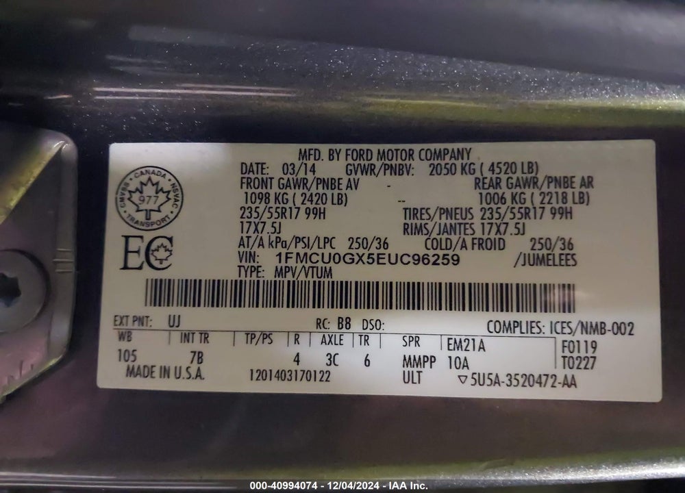 2014 FORD ESCAPE SE VIN: 1FMCU0GX5EUC96259