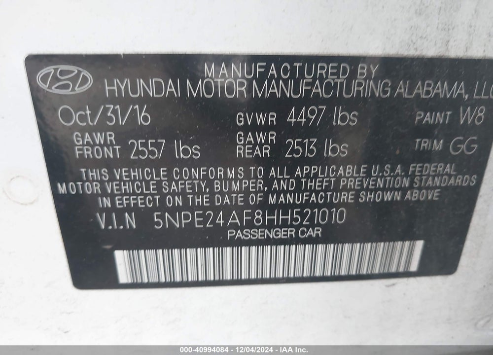 2017 HYUNDAI SONATA VIN: 5NPE24AF8HH521010