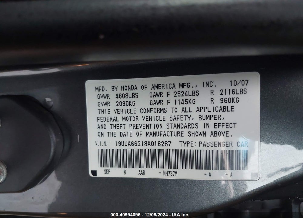 2008 ACURA TL 3.2 VIN: 19UUA66218A016287