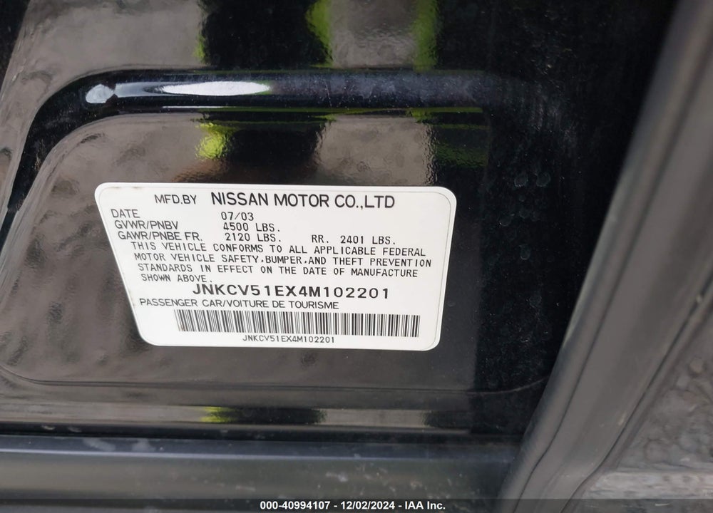 2004 INFINITI G35 VIN: JNKCV51EX4M102201