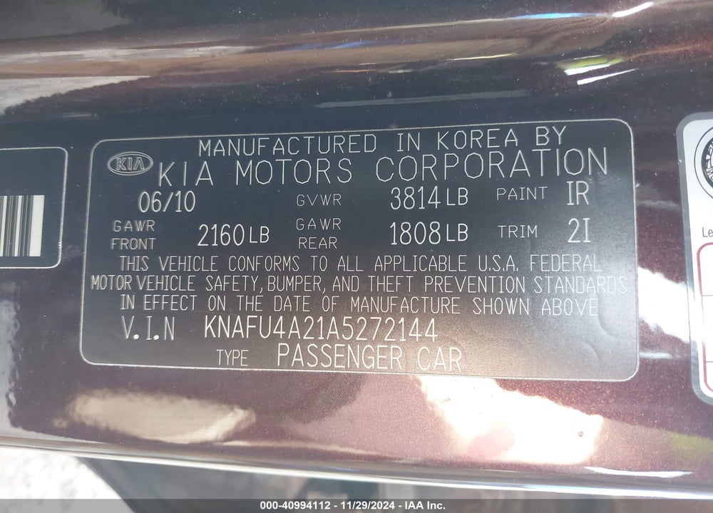 2010 KIA FORTE EX VIN: KNAFU4A21A5272144