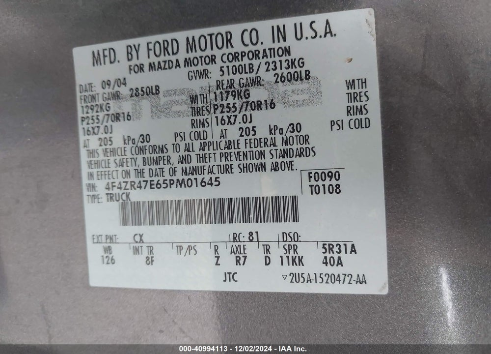 2005 MAZDA B4000 SE VIN: 4F4ZR47E65PM01645
