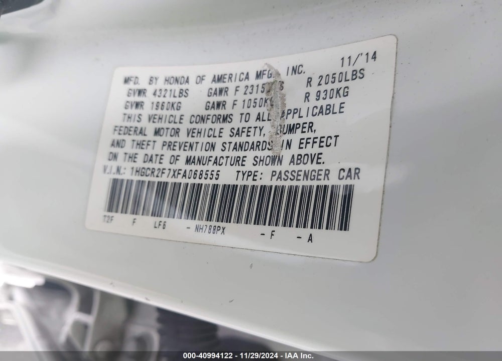 2015 HONDA ACCORD EX VIN: 1HGCR2F7XFA068555
