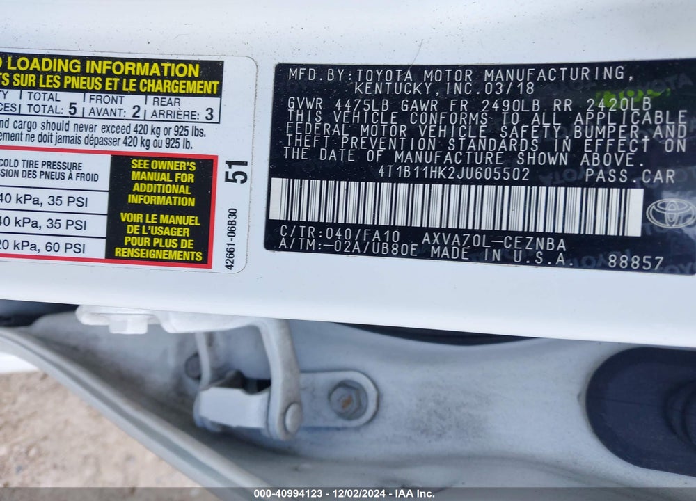 2018 TOYOTA CAMRY LE VIN: 4T1B11HK2JU605502