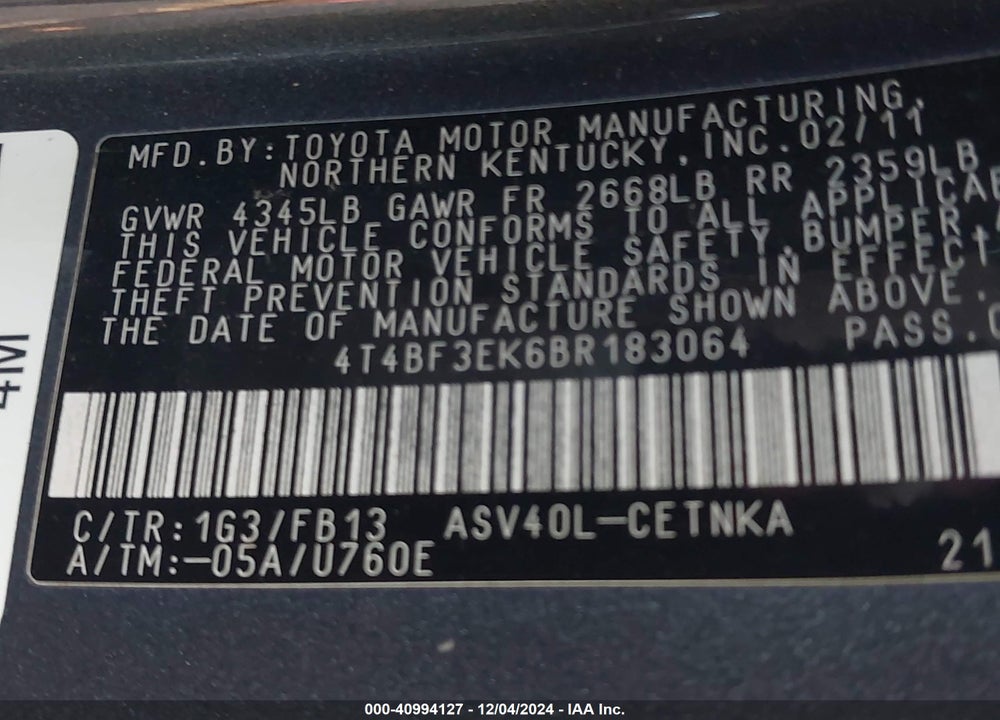 2011 TOYOTA CAMRY LE VIN: 4T4BF3EK6BR183064