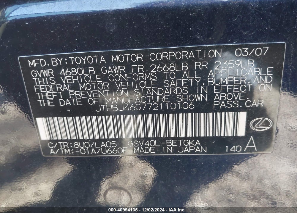 2007 LEXUS ES 350 VIN: JTHBJ46G772110106