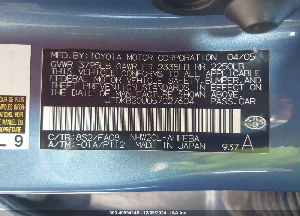 2005 TOYOTA PRIUS VIN: JTDKB20U057027604