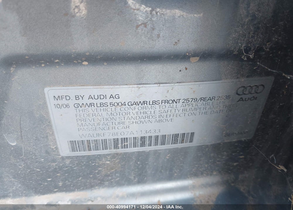 2007 AUDI A4 2.0T AVANT VIN: WAUKF78E07A113433