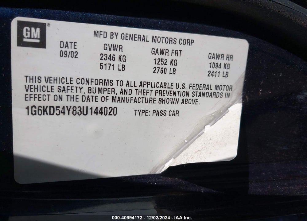 2003 CADILLAC DEVILLE STANDARD VIN: 1G6KD54Y83U144020