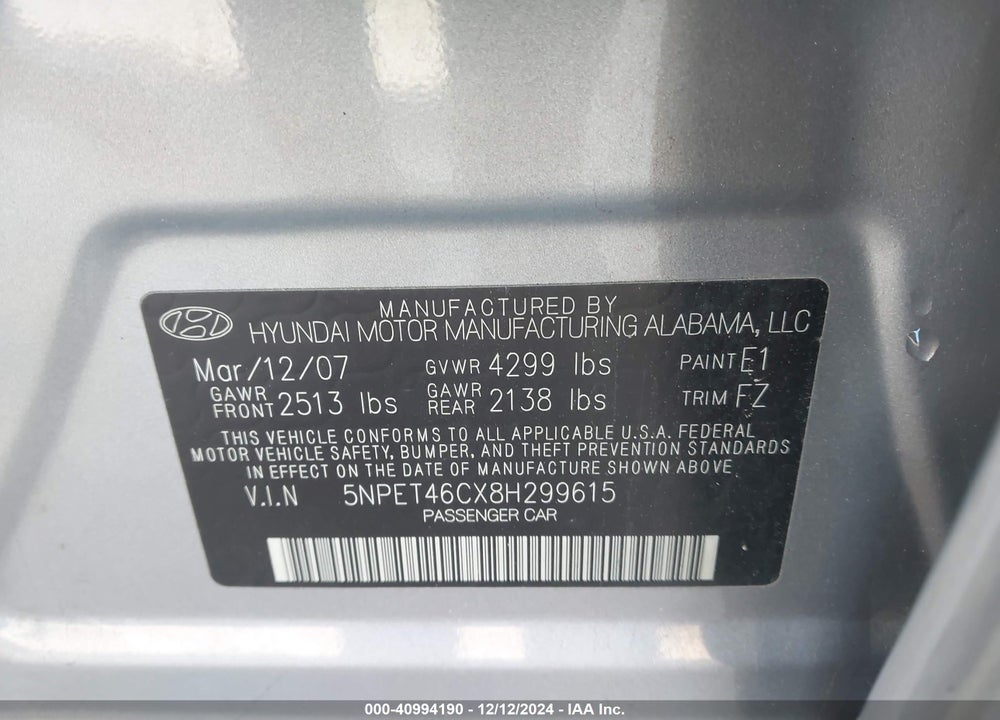 2008 HYUNDAI SONATA GLS VIN: 5NPET46CX8H299615