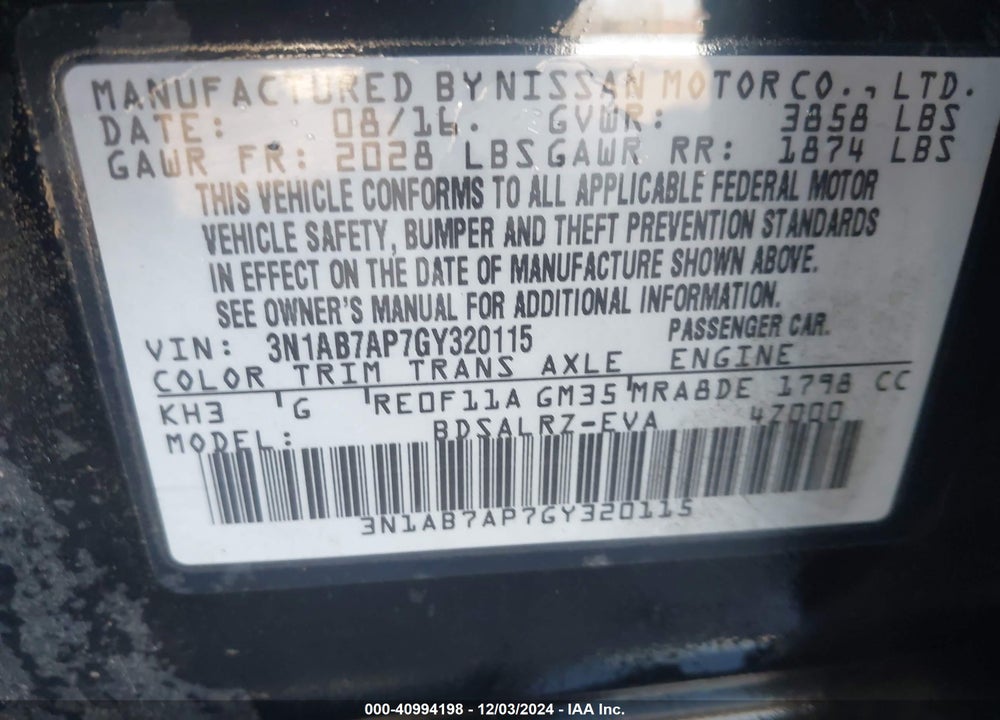 2016 NISSAN SENTRA SR VIN: 3N1AB7AP7GY320115