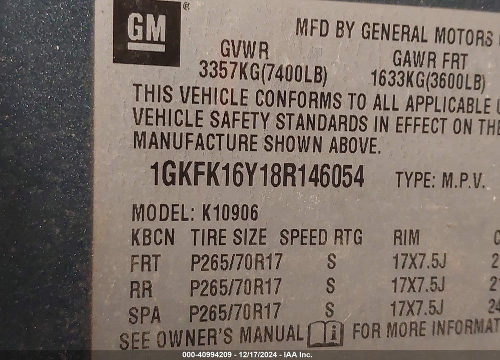 2008 GMC YUKON XL 1500 SLT VIN: 1GKFK16Y18R146054