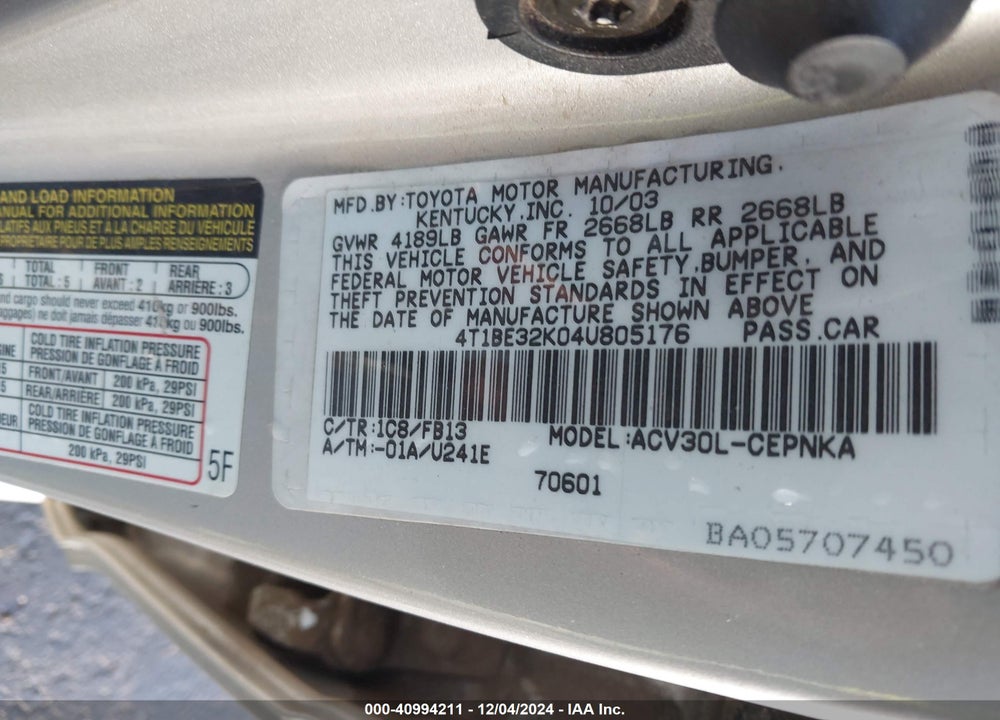 2004 TOYOTA CAMRY LE VIN: 4T1BE32K04U805176
