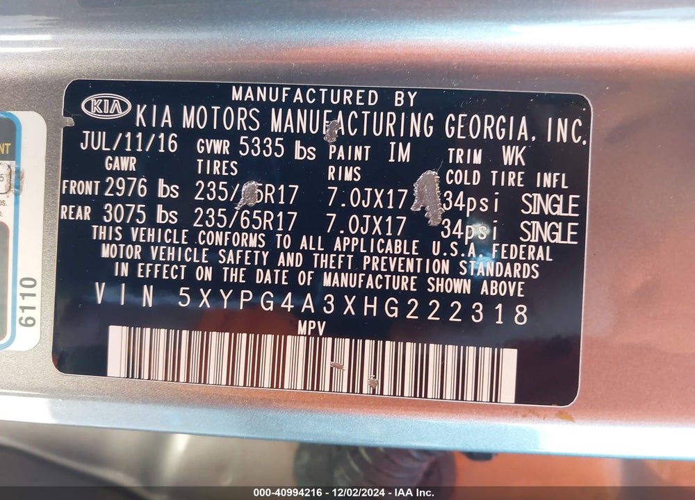 2017 KIA SORENTO 2.4L LX VIN: 5XYPG4A3XHG222318
