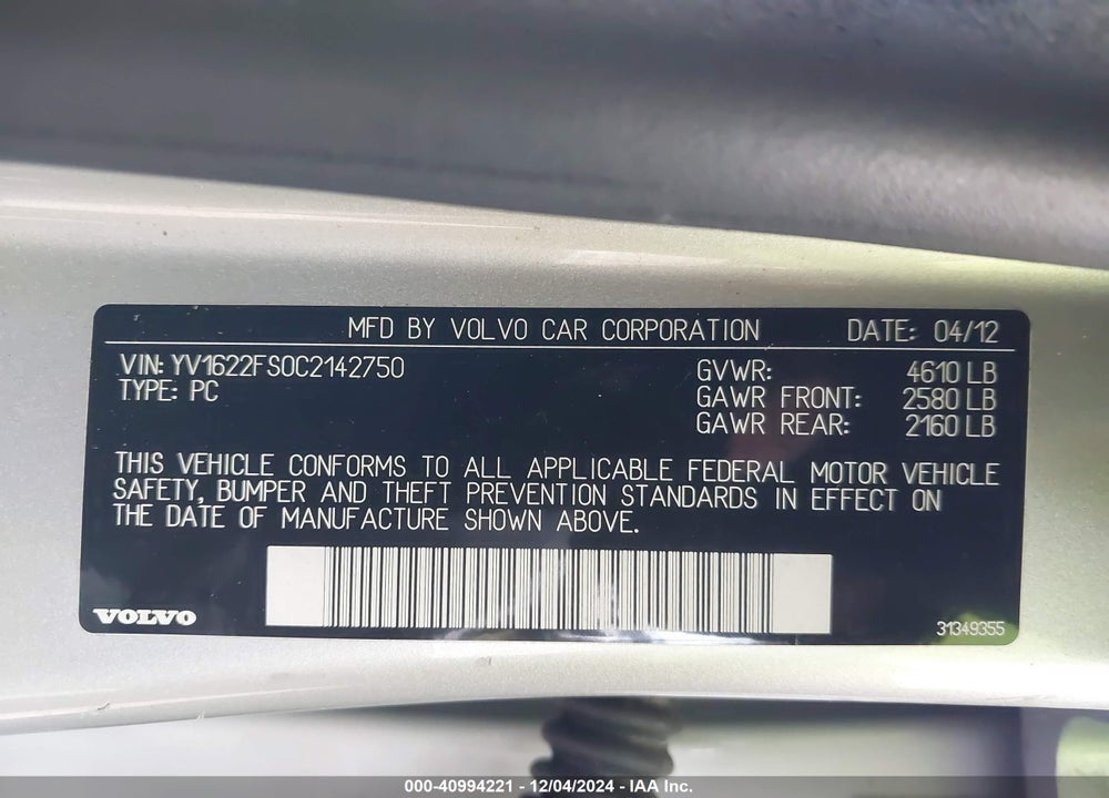2012 VOLVO S60 T5 VIN: YV1622FS0C2142750