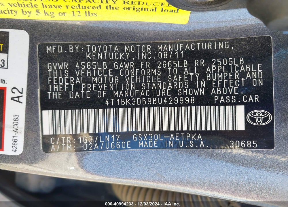 2011 TOYOTA AVALON LIMITED VIN: 4T1BK3DB9BU429998
