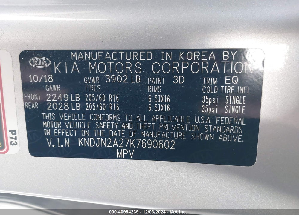 2019 KIA SOUL VIN: KNDJN2A27K7690602