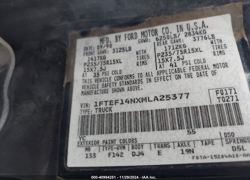 1991 FORD F150 VIN: 1FTEF14NXMLA25377