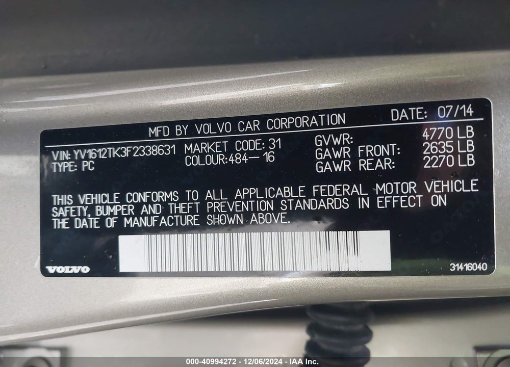 2015 VOLVO S60 VIN: YV1612TK3F2338631