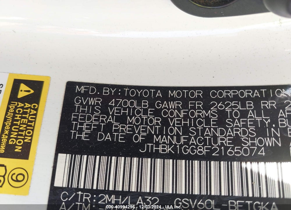 2015 LEXUS ES 350 VIN: JTHBK1GG8F2165074