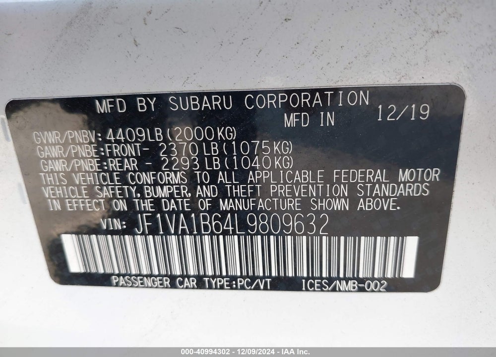 2020 SUBARU WRX VIN: JF1VA1B64L9809632