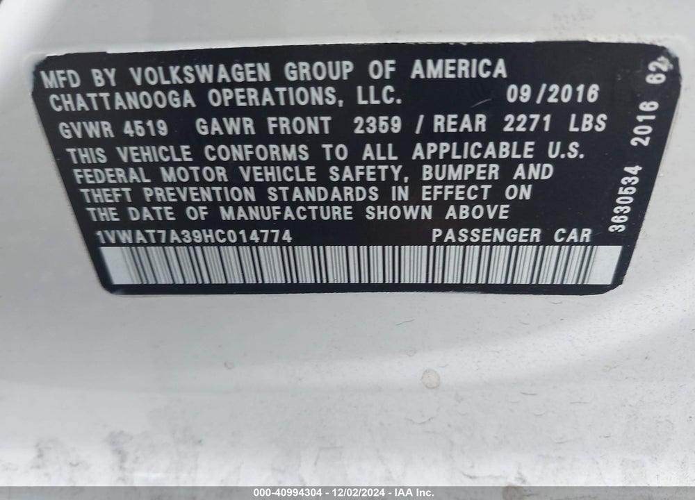 2017 VOLKSWAGEN PASSAT 1.8T S VIN: 1VWAT7A39HC014774