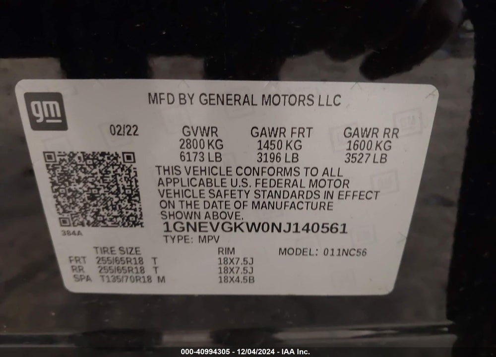 2022 CHEVROLET TRAVERSE AWD LT CLOTH VIN: 1GNEVGKW0NJ140561