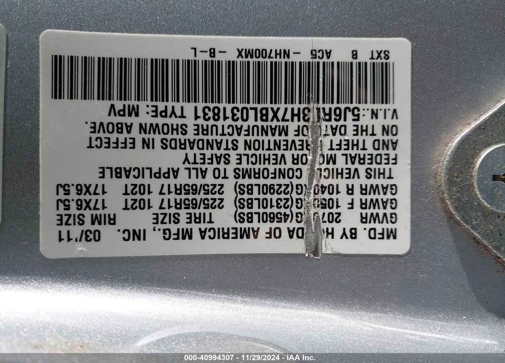 2011 HONDA CR-V EX-L VIN: 5J6RE3H7XBL031831