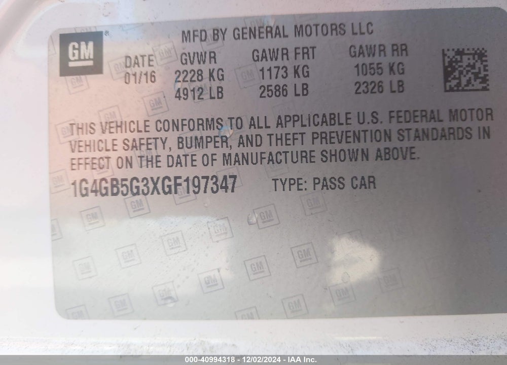 2016 BUICK LACROSSE VIN: 1G4GB5G3XGF197347